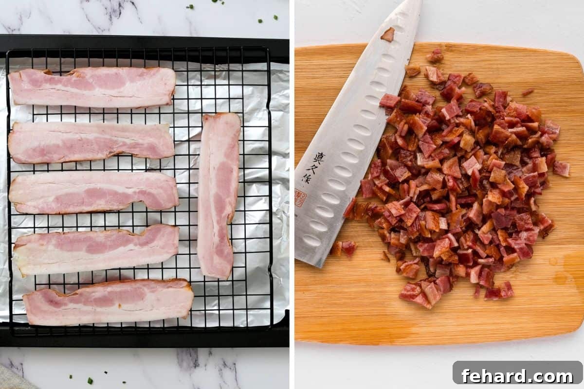 Potato Skins with Bacon Side by side photo showing bacon on baking rack next to photo of crispy baked bacon on cutting board chopped into small pieces.