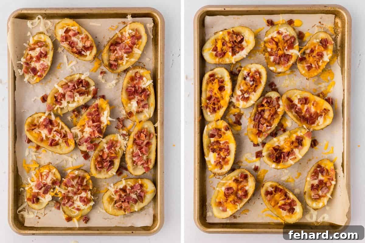 Recipe Potato Skins Side by side photo showing potato skins topped with cheddar, Monterrey Jack cheese, and bacon before and after baking.