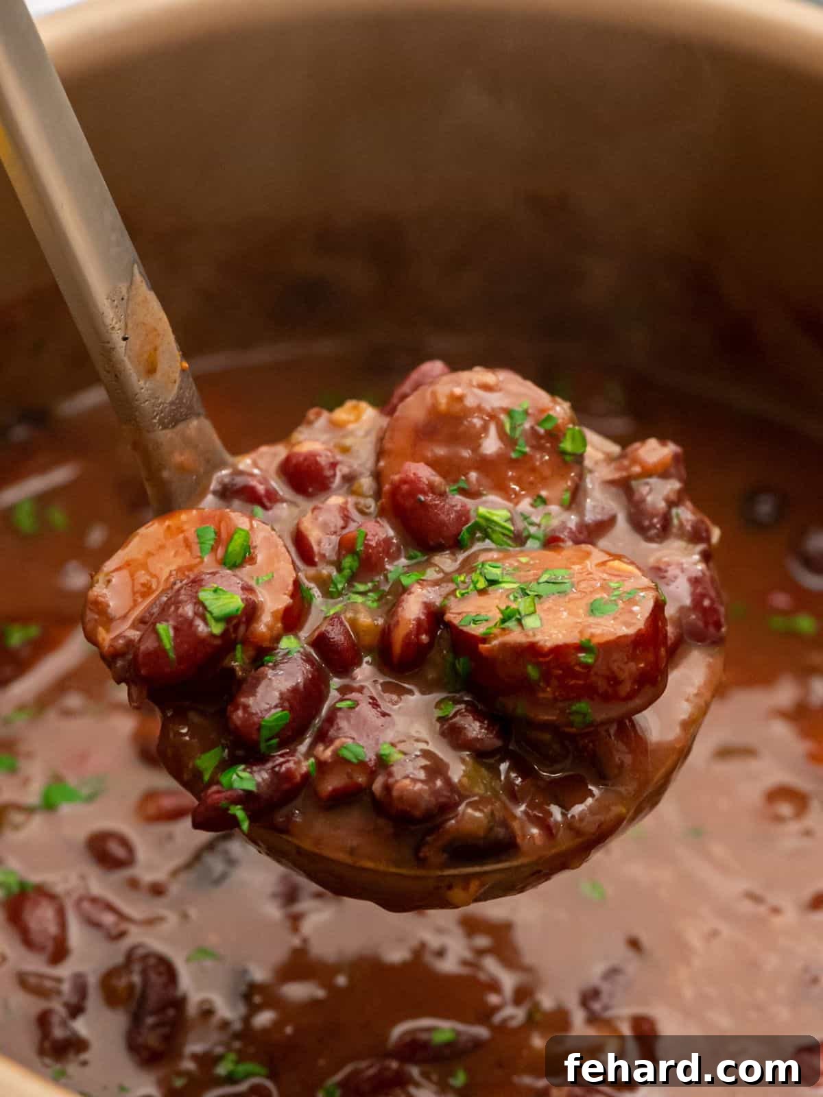 Ladle scooping up red beans with andouille sausage from inner pot of pressure cooker. A close-up view of the rich, thick stew with sausage pieces visible.