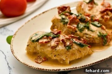 Instant Pot chicken breasts on platter topped with creamy parmesan sauce with sundried tomatoes.