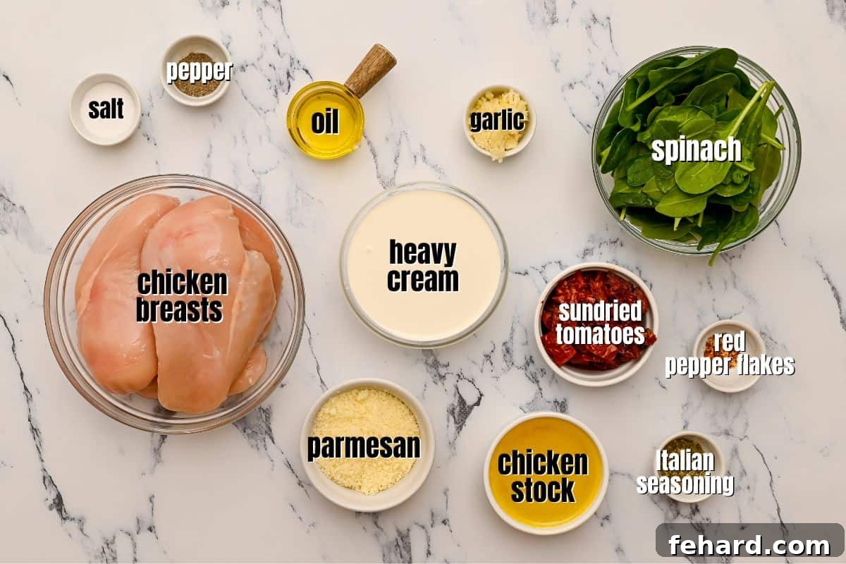 Instant Pot Chicken with Sundried Tomatoes All ingredients for Instant Pot Marry Me Chicken laid out and labeled on a kitchen counter.