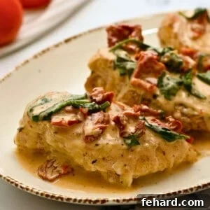Instant Pot chicken breasts on platter topped with creamy parmesan sauce with sundried tomatoes.