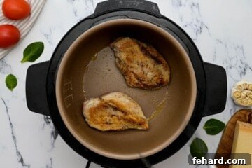 Seared seasoned chicken inside inner pot.