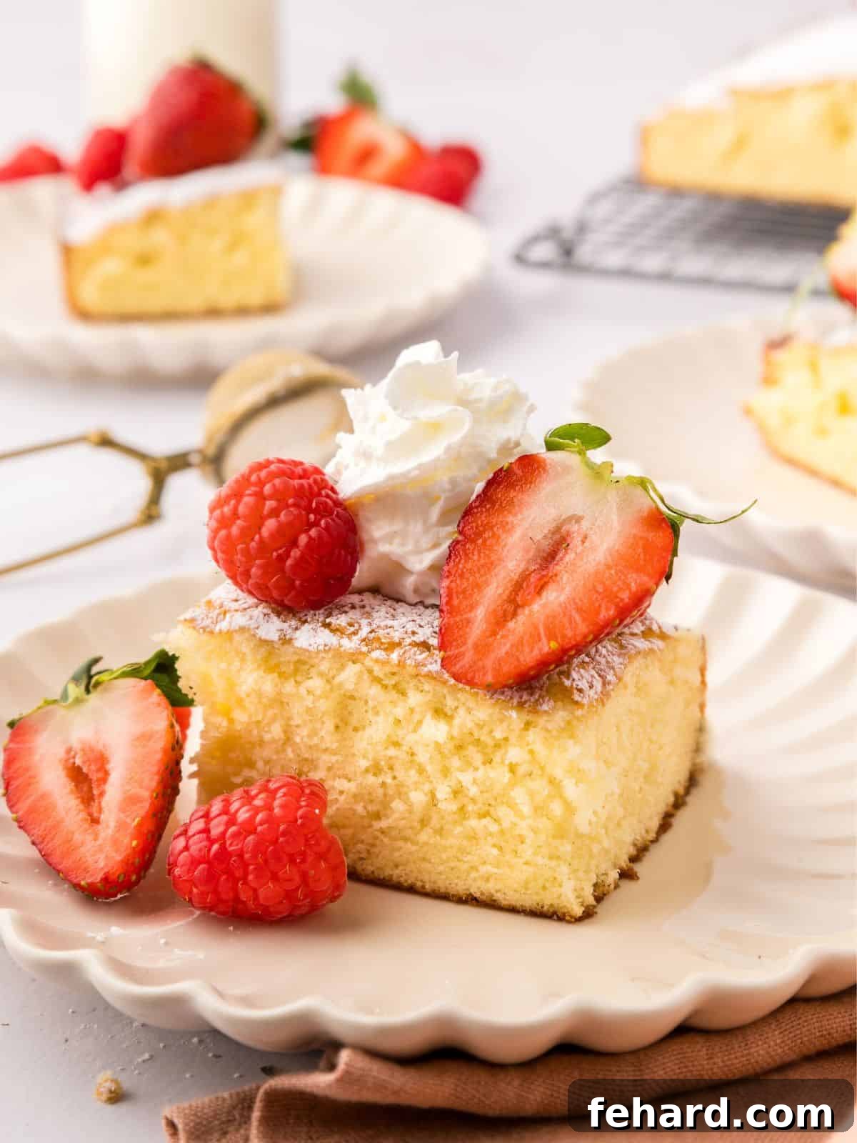 A slice of golden Hot Milk Cake on a white plate, delicately dusted with powdered sugar, surrounded by vibrant raspberries, strawberries, and a dollop of fresh whipped cream. This classic vanilla cake is celebrated for its light, fluffy, and melt-in-your-mouth texture, making it ideal for any occasion.