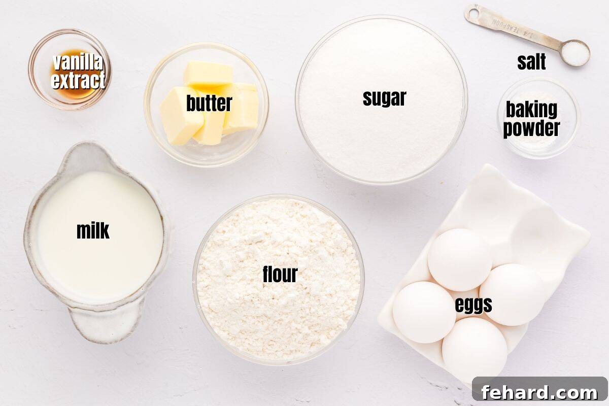 All the essential ingredients for making Hot Milk Cake neatly labeled on a kitchen counter, including all-purpose flour, granulated sugar, fresh eggs, unsalted butter, whole milk, pure vanilla extract, baking powder, and table salt.