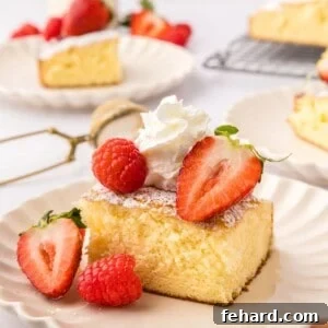 A beautifully presented slice of Hot Milk Cake on a white plate, garnished with powdered sugar, raspberries, strawberries, and whipped cream. The cake itself is light golden brown and looks incredibly moist and fluffy, highlighting its tender crumb.