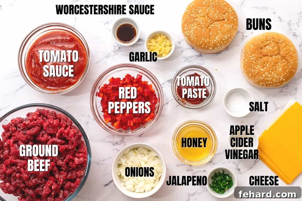 Labeled array of fresh ingredients for homemade sloppy joes, including ground beef, bell peppers, onions, tomatoes, and various seasonings.