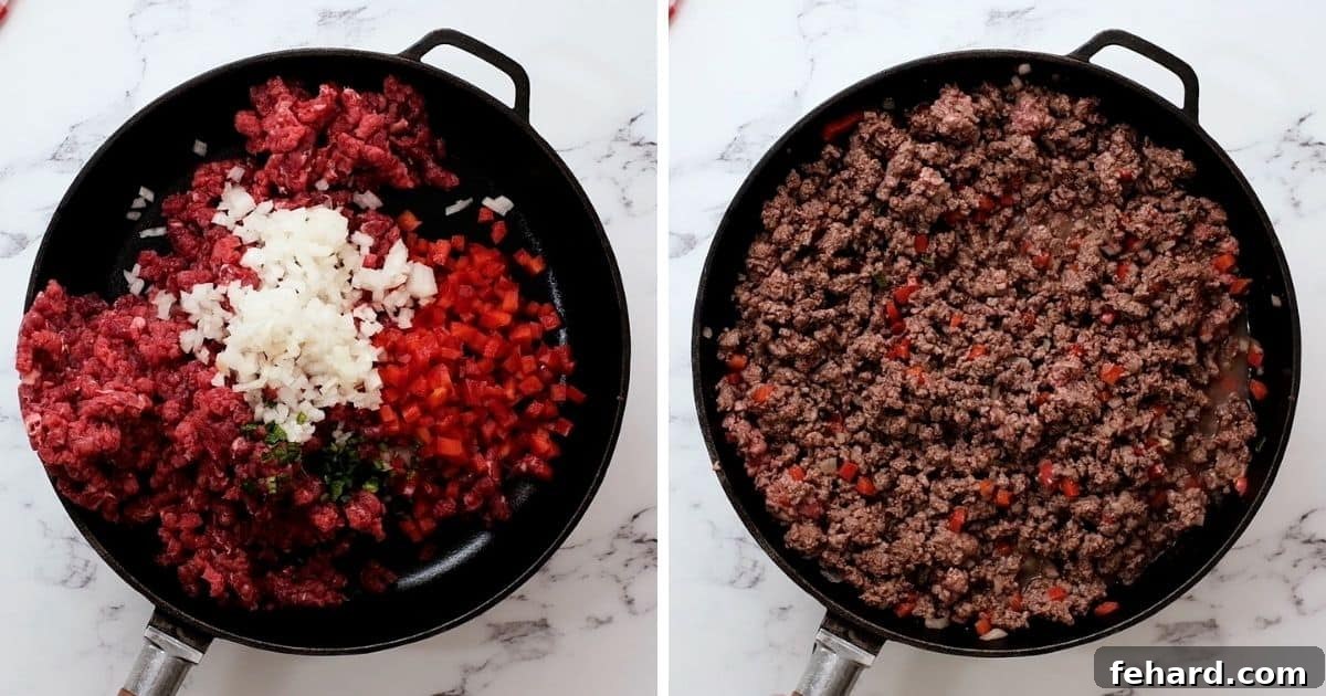 Side by side picture of skillet with raw meat and vegetables before and after sautéing to a browned and softened state.