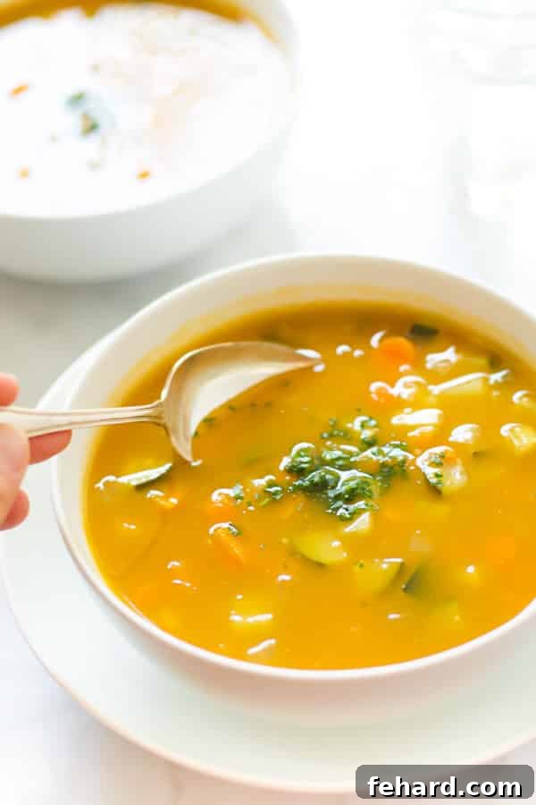 A spoon gently resting in a bowl of freshly prepared Zucchini Summer Soup.
