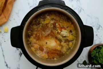 Inner pot with poached chicken in broth for gnocchi soup.