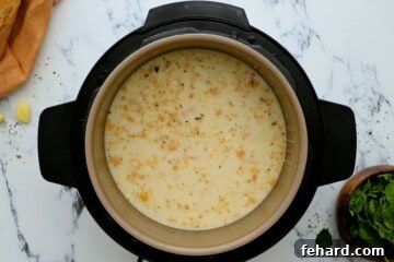 Creamy gnocchi soup inside Instant Pot before adding spinach.