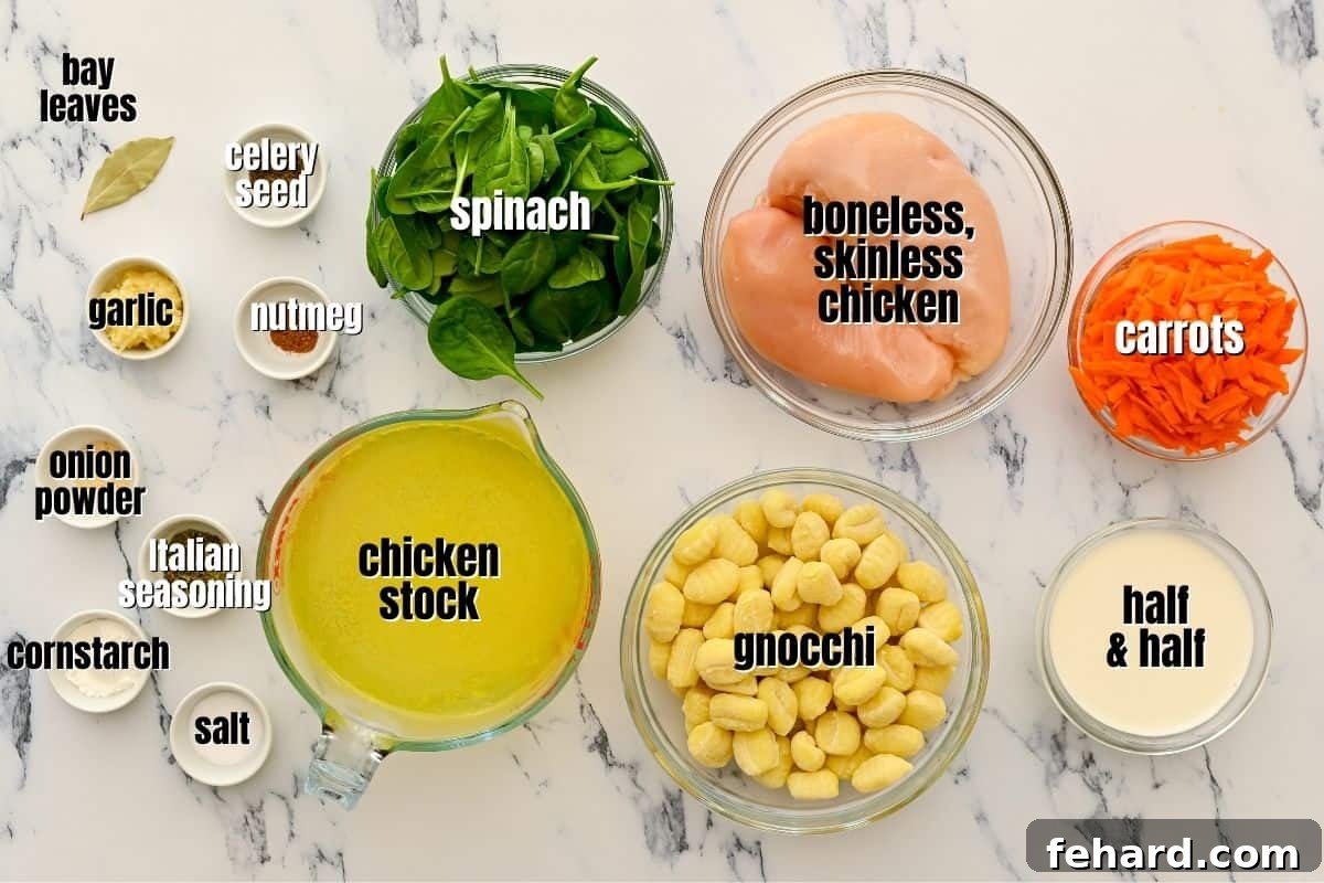 All ingredients for Instant Pot Chicken Gnocchi Soup neatly arranged on a kitchen counter, ready for cooking.