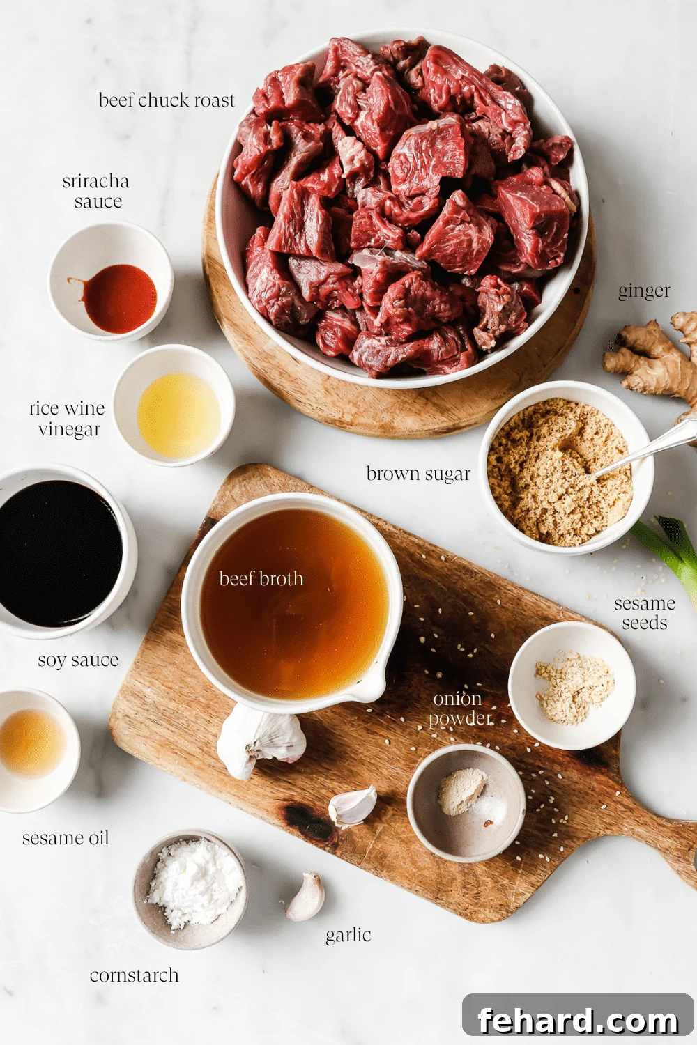An overhead view of ingredients measured out into small bowls. 