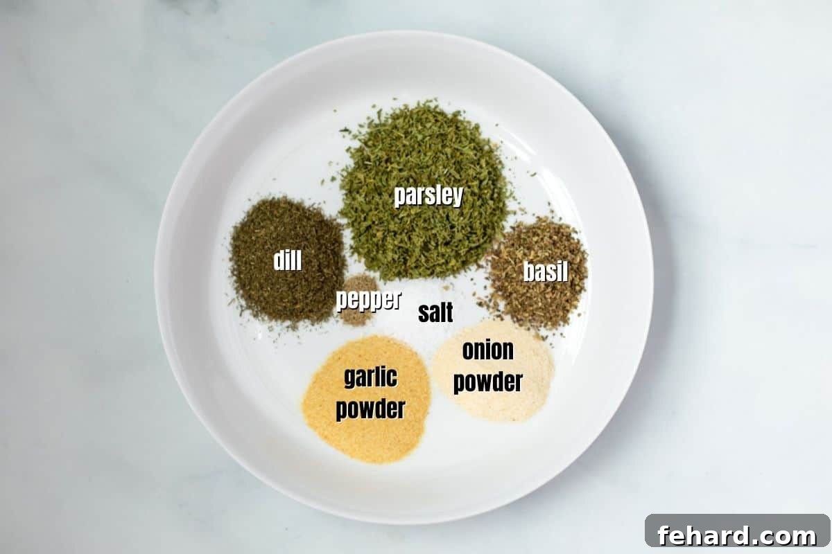 Copycat Hidden Valley Ranch Seasoning Ingredients for Ranch Seasoning in white dish labeled with text.