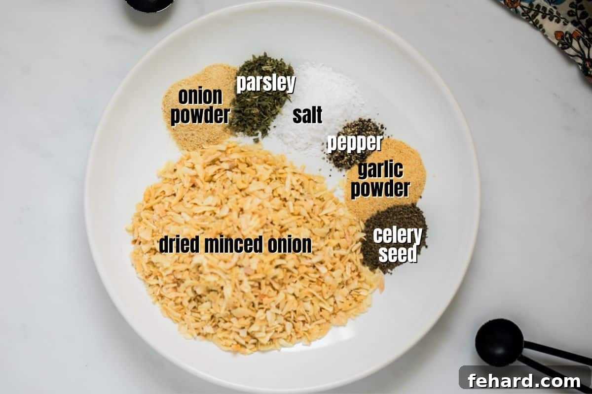 Onion Soup Mix Recipe Spices for dry onion soup in white bowl with text naming each spice.