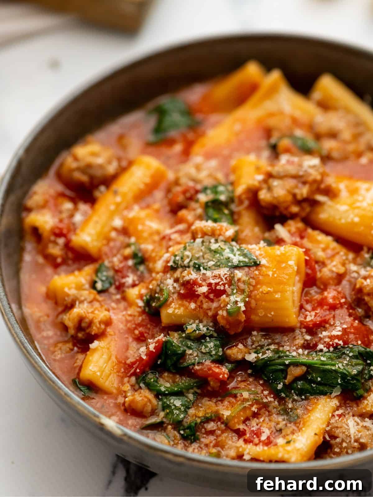 Bowl of Instant Pot Rigatoni with sausage topped with parmesan cheese, ready to serve.
