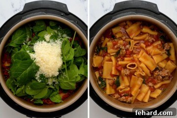 Side by side photo of adding spinach and parmesan to rigatoni in instant pot before and after mixing together.