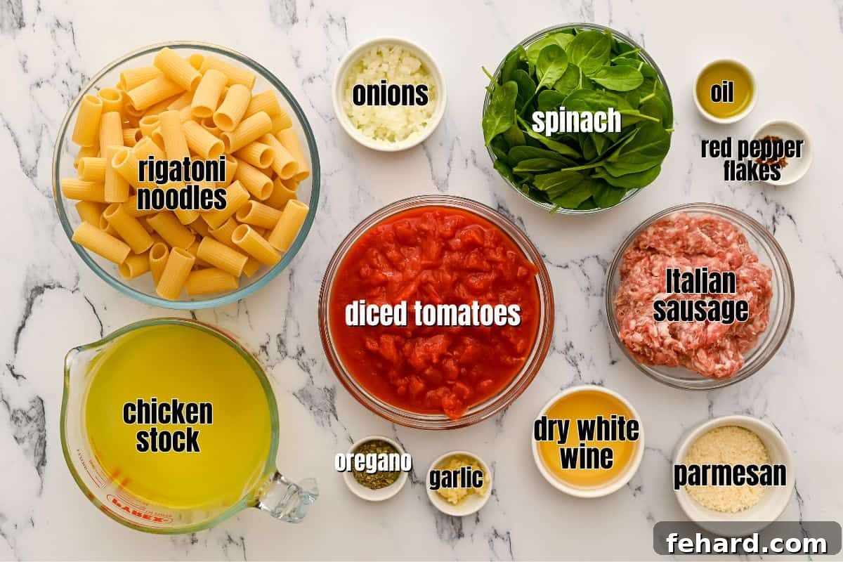 Labeled ingredients for Sausage Pasta on a kitchen counter, including sausage, onion, garlic, wine, chicken stock, seasonings, rigatoni, and diced tomatoes.