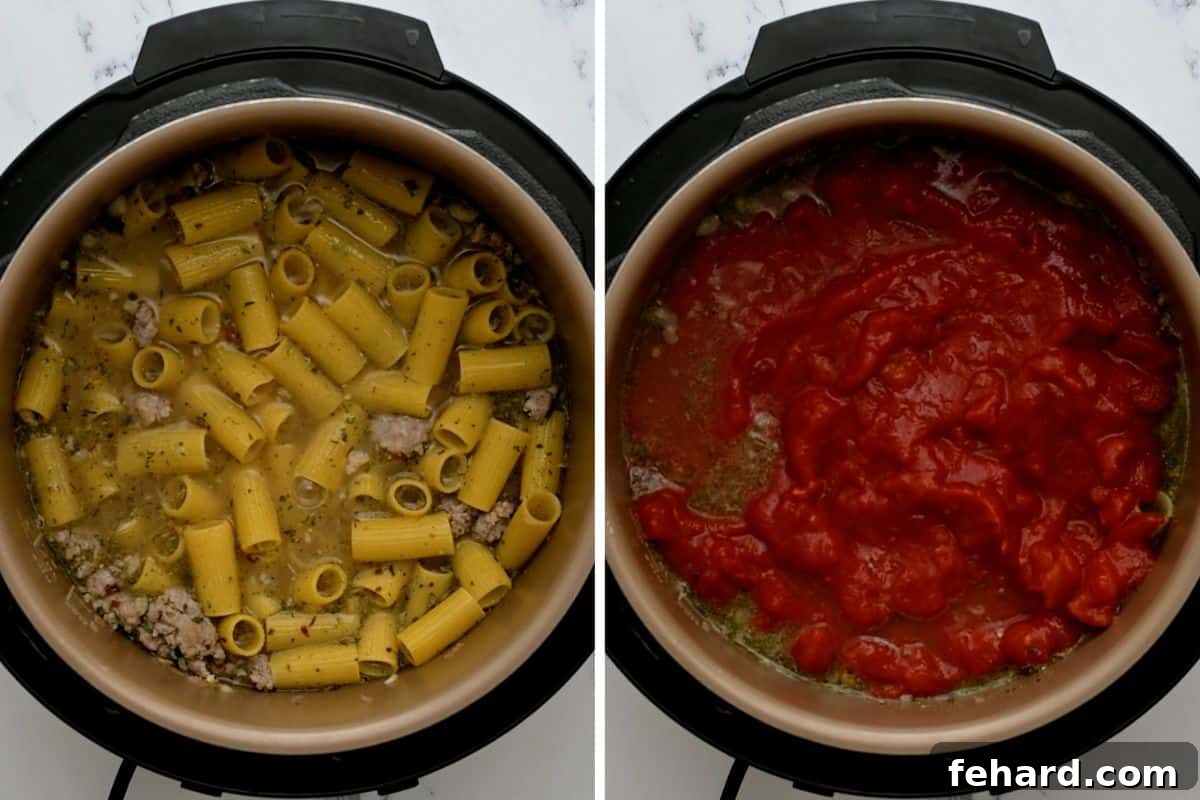 Side by side photo of Instant Pot inner pot with layered ingredients: sausage and rigatoni noodles, then topped with diced tomatoes, before stirring.