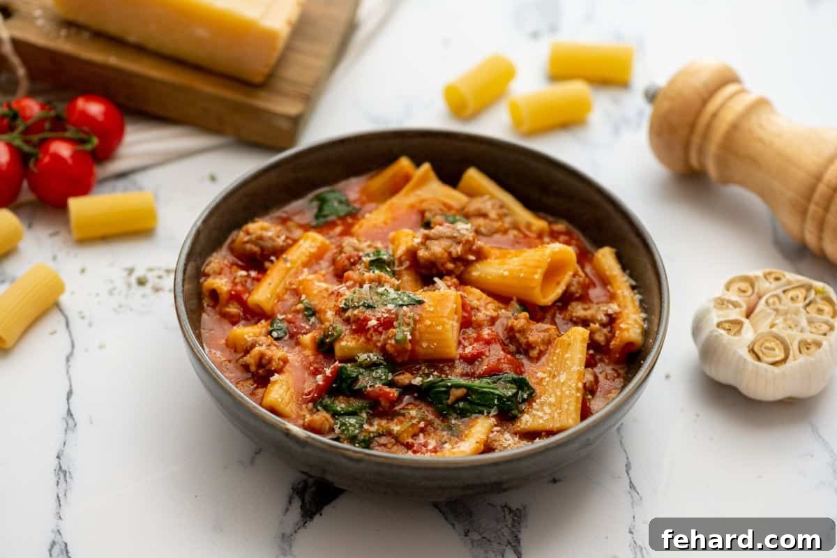 Bowl of Instant Pot Rigatoni with sausage topped with parmesan cheese, ready to be enjoyed.