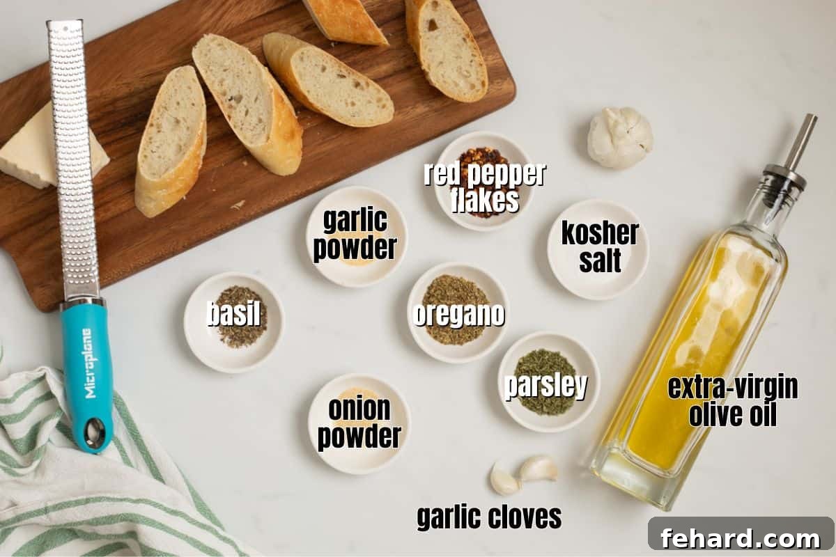 Ingredients for olive oil bread dip labeled on counter.