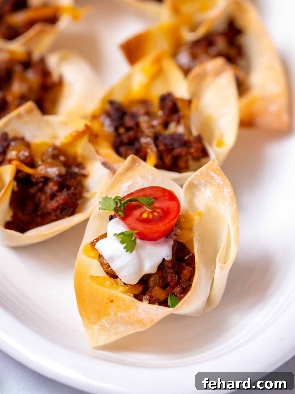 Wonton tacos on tray with one topped with tomatoes and sour cream. 