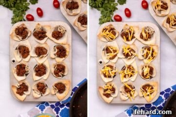 Side by side photo of wonton tacos after adding taco meat and then after adding cheese.