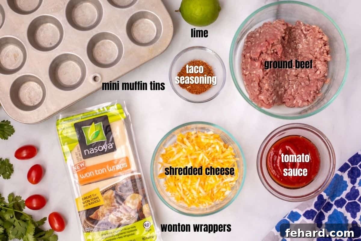 Ingredients for wonton tacos labeled on counter. 