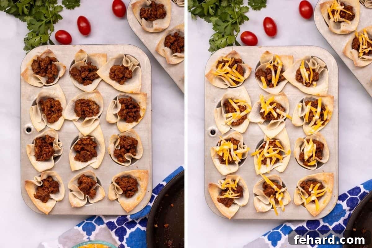SIde by side photo of wonton tacos with meat and with meat and cheese.