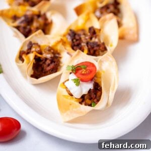 Wonton Taco Cups on white platter topped with tomatoes and sour cream.