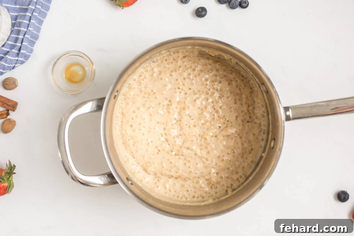 Best tapioca pudding recipe Cooked tapioca pudding in small saucepan after thickened.