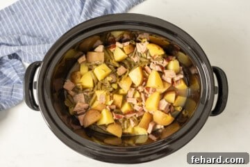 The finished slow cooker ham, green beans, and potatoes, stirred together and ready to serve.