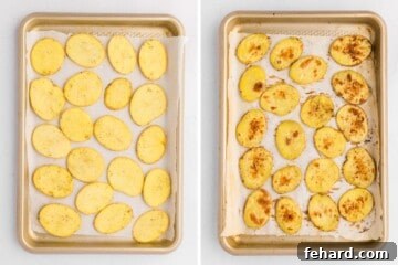 Side by side photo of seasoned potato slices on baking tray lined with parchment paper before and after baking until crispy.
