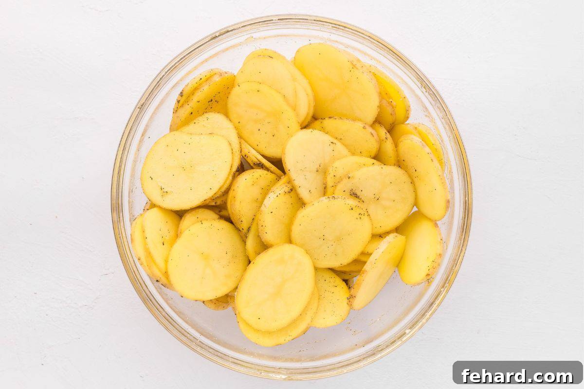 Seasoning Baked Potato Slices Thinly sliced potatoes in a large mixing bowl, tossed with olive oil, salt, pepper, garlic powder, and onion powder, ready for baking.