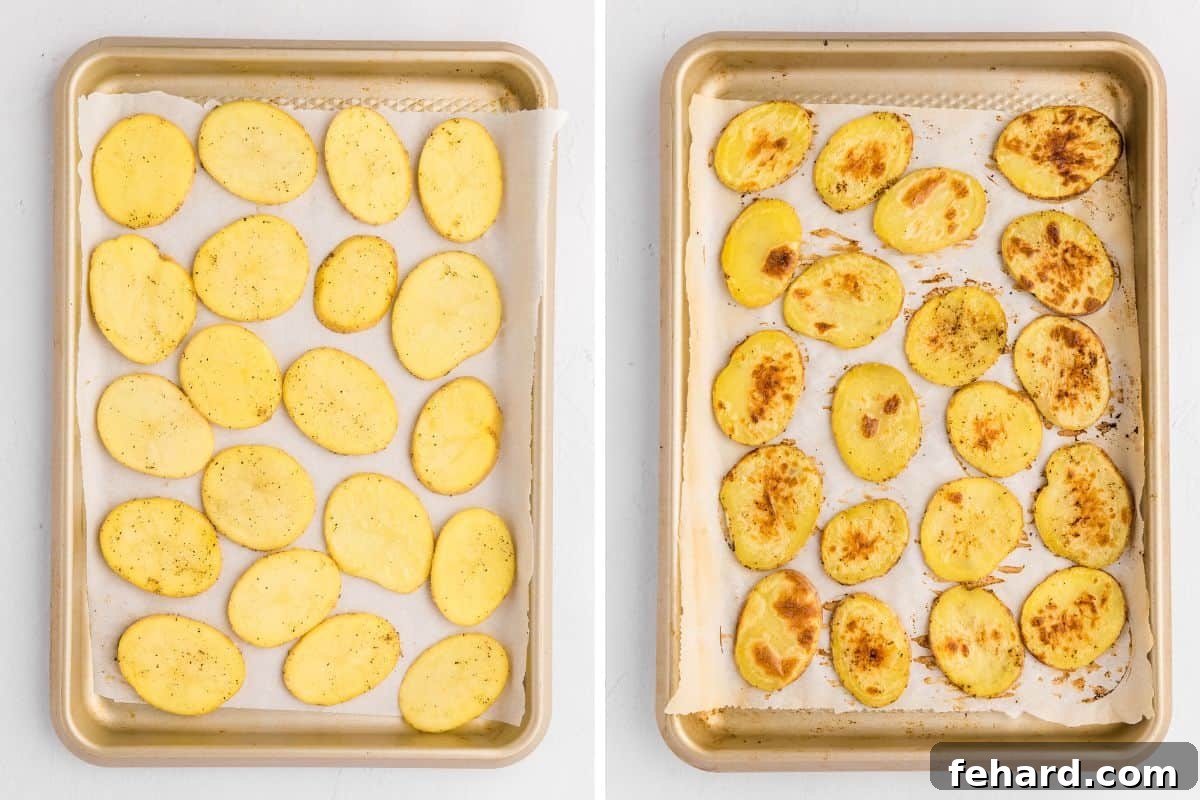 Crispy Potato Nacho Baking Process Side by side photo of seasoned potato slices arranged in a single layer on parchment-lined baking trays, before and after baking until golden brown and crispy.