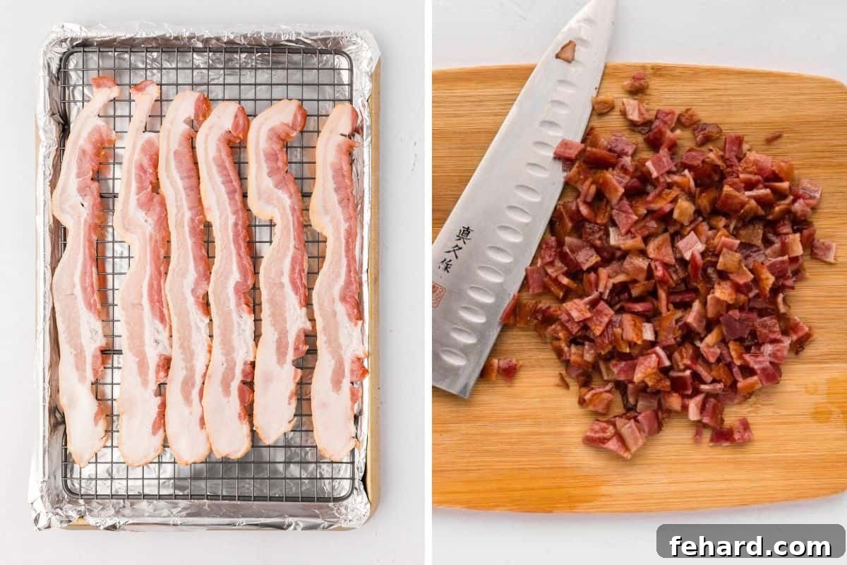 Pub Style Potato Nachos 4 Side by side photos showing bacon cooking on a baking rack in the oven, and then being diced into small pieces after cooling.