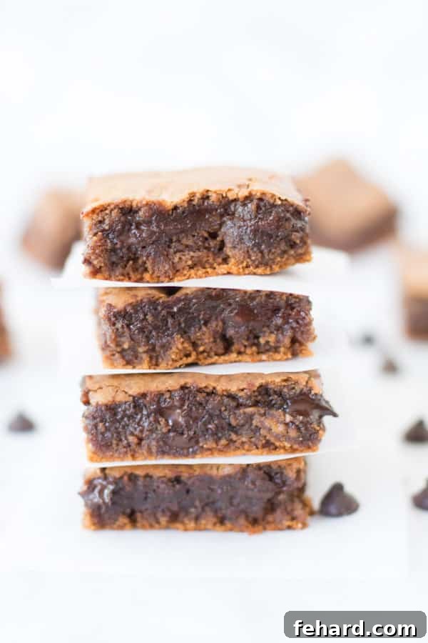 Rich, fudgy Flourless Chocolate Chip Brownies cut into squares, showing their dense texture and abundant chocolate chips.