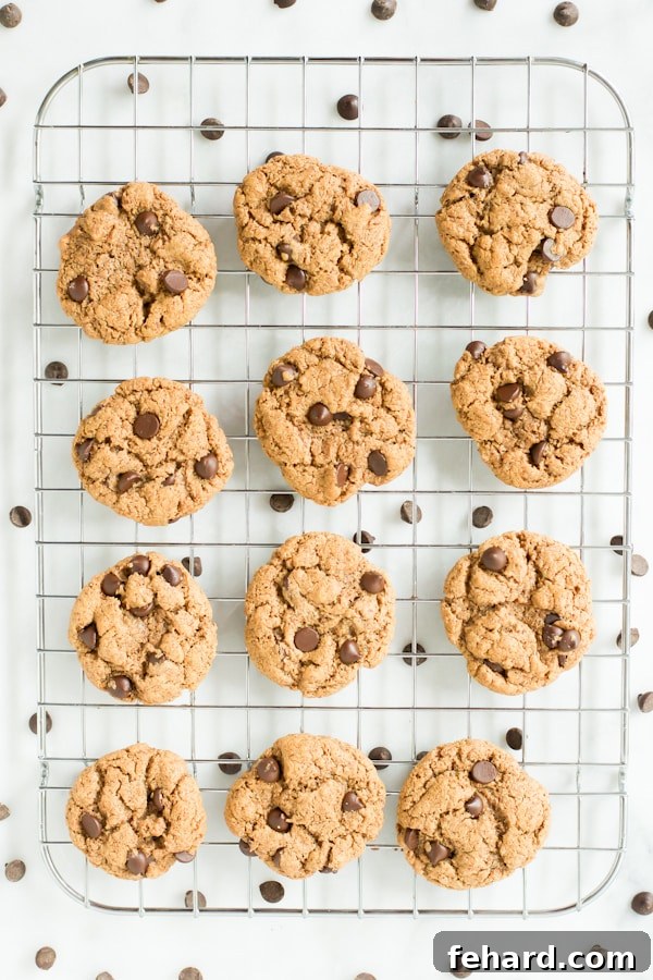 Freshly baked gluten-free chocolate chip cookies cooling on a wire rack, steam subtly rising, highlighting their tempting aroma.