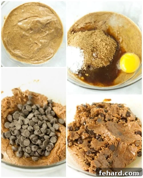 Instructional photo showing how to combine dry and wet ingredients in a bowl to make Gluten-Free Chocolate Chip Cookies, emphasizing the smooth batter.