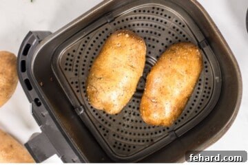 Seasoned russet potatoes inside basket of air fryer.