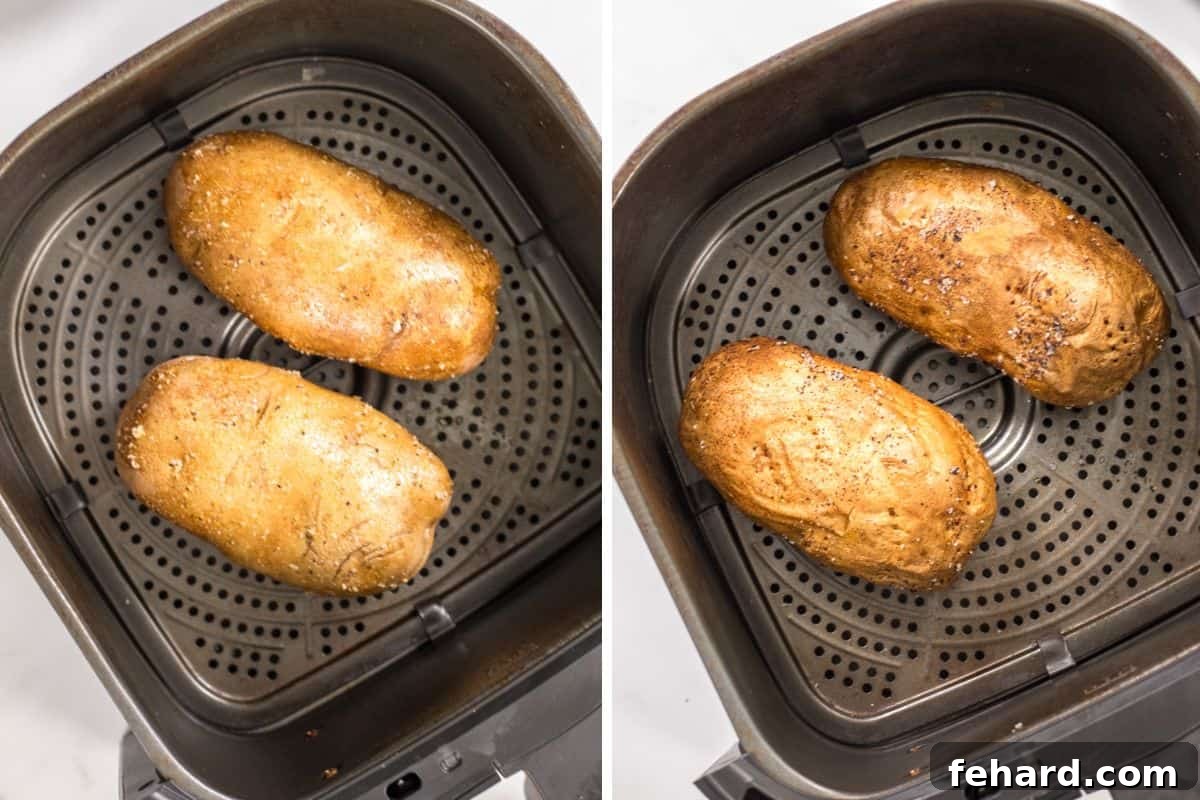 Easy Air Fryer Baked Potato Recipe A side-by-side comparison showcasing two russet potatoes within an air fryer basket, illustrating their appearance both before and after the air frying process, with the 'after' potato displaying a rich, golden-brown and crispy texture.