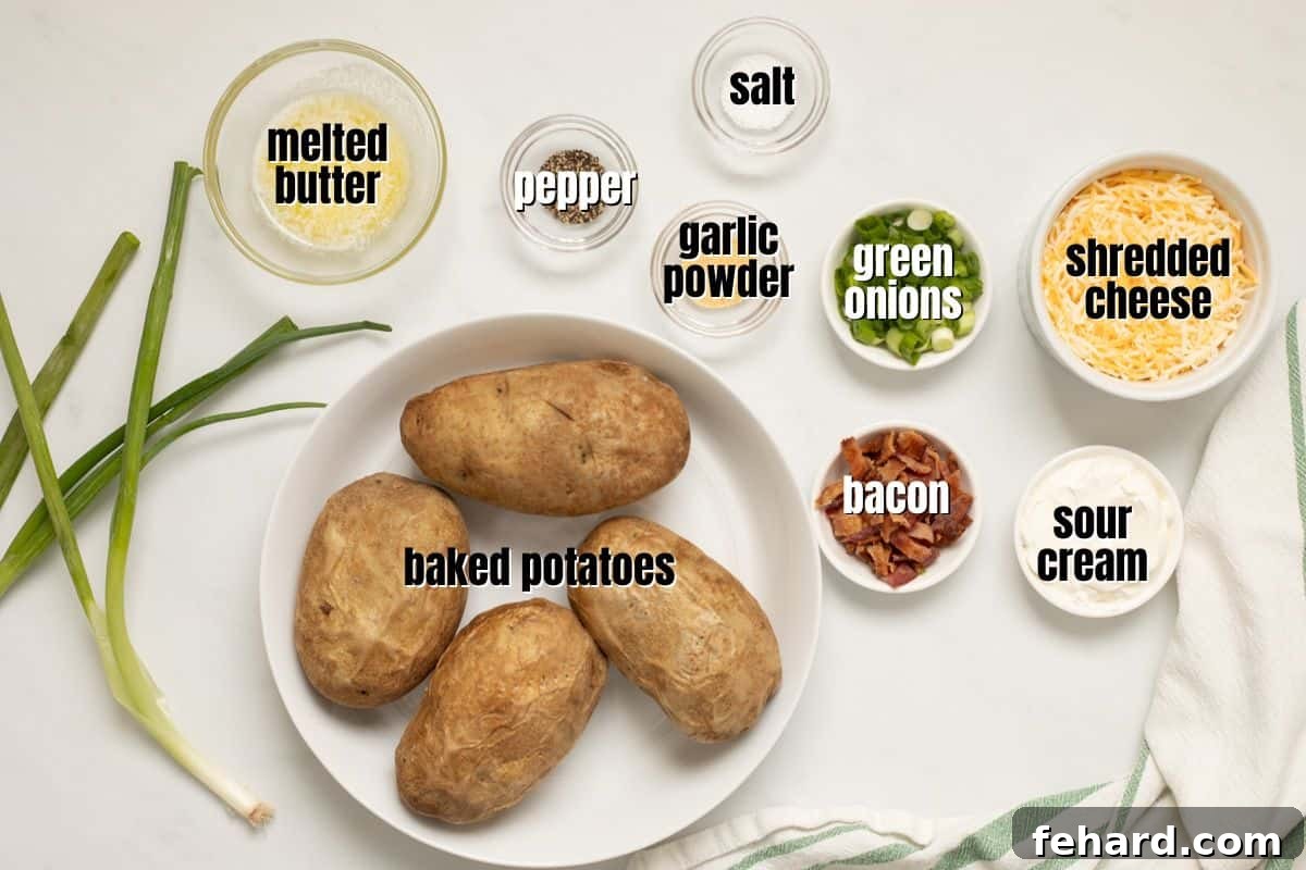 Labeled ingredients for Loaded Air Fryer Potato Skins, including potatoes, butter, spices, bacon, and cheese.