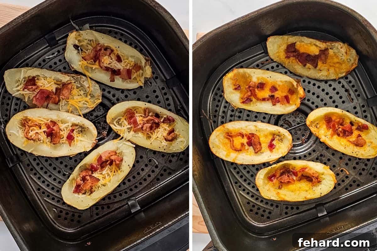 Side-by-side photos illustrating air fryer potato skins before and after being topped with bacon and cheese and air-fried to melted perfection.