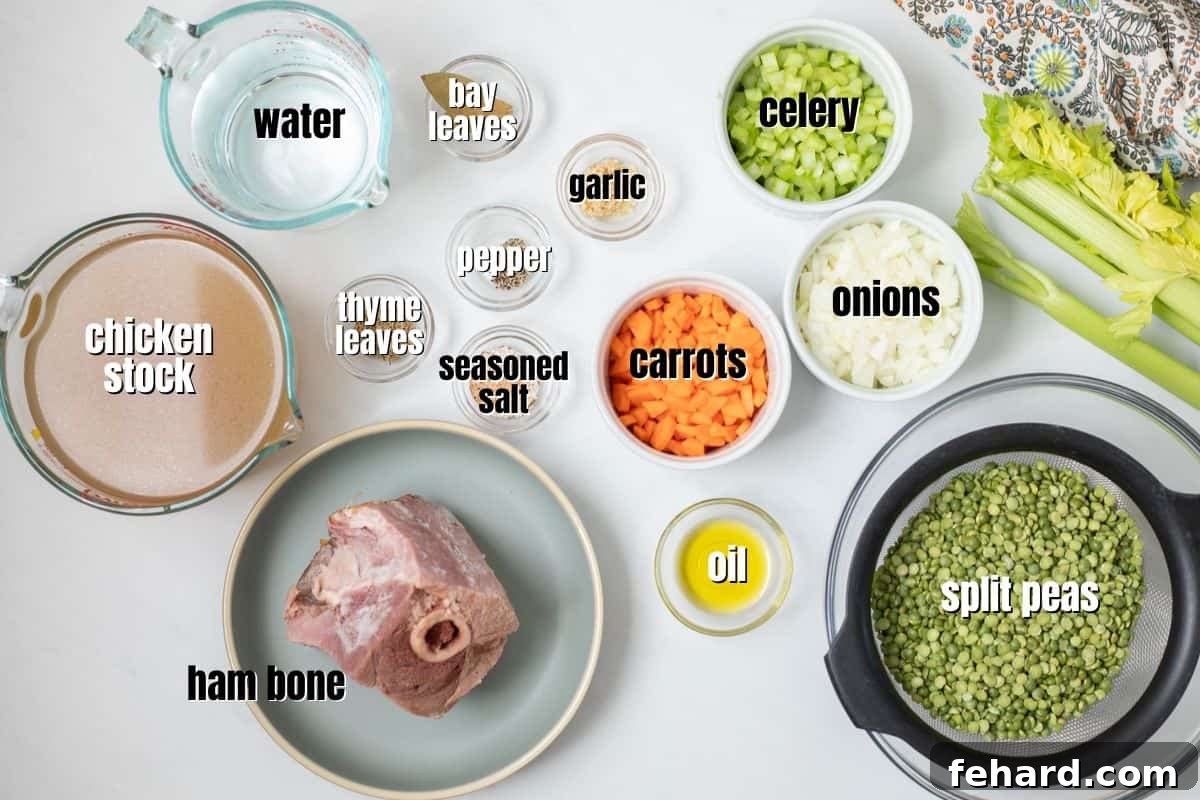 Ingredients for Instant Pot Split Pea Soup A curated selection of fresh ingredients laid out on a kitchen counter, including dried green split peas, a ham bone, carrots, celery, onion, garlic, olive oil, and various spices, ready for making Instant Pot Split Pea Soup.