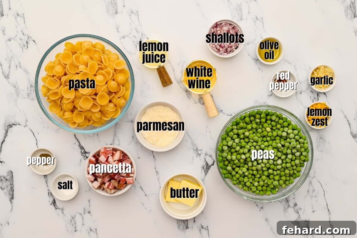 Pasta e Piselli Ingredients All the fresh ingredients for Pasta e Piselli laid out on a kitchen counter: pasta, peas, pancetta, shallots, garlic, lemon, butter, olive oil, and Parmesan.
