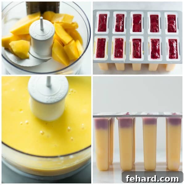 Step-by-step images showing how to make Mango Plum Popsicles: blending mangoes, filling popsicle molds, and freezing