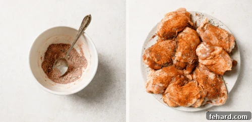 Left: White bowl with spices. Right: Raw chicken thighs, seasoned, on a white plate.