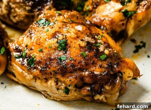 closeup view of chicken thighs on a white plate