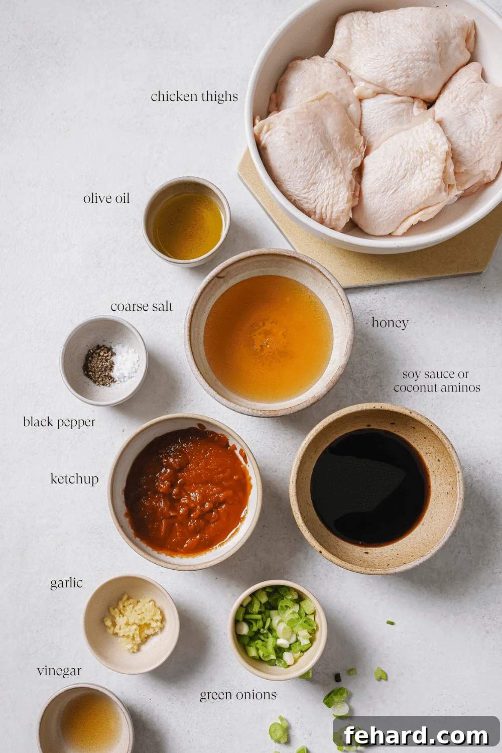 Sweet & Sticky Slow Cooker Chicken 3 Pre-measured ingredients in small bowls.