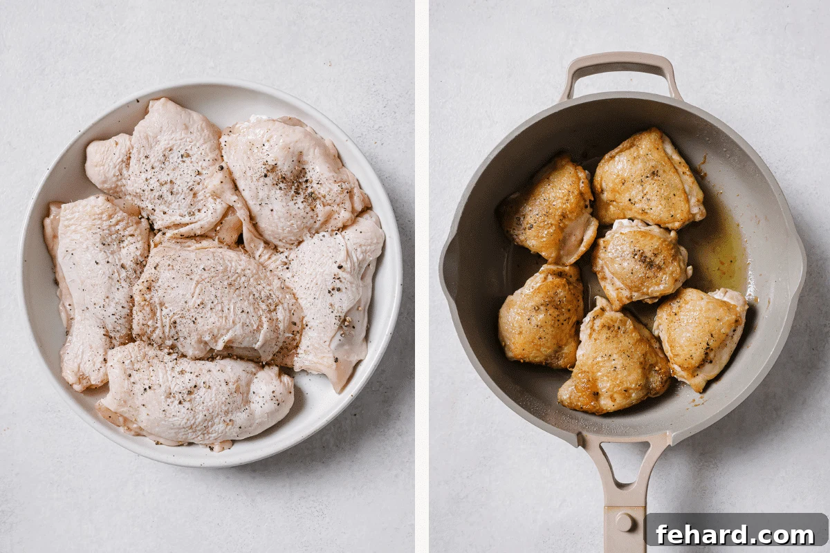 Sweet & Sticky Slow Cooker Chicken 4 Left: seasoned chicken thighs in a bowl. Right: seared chicken thighs in a skillet.
